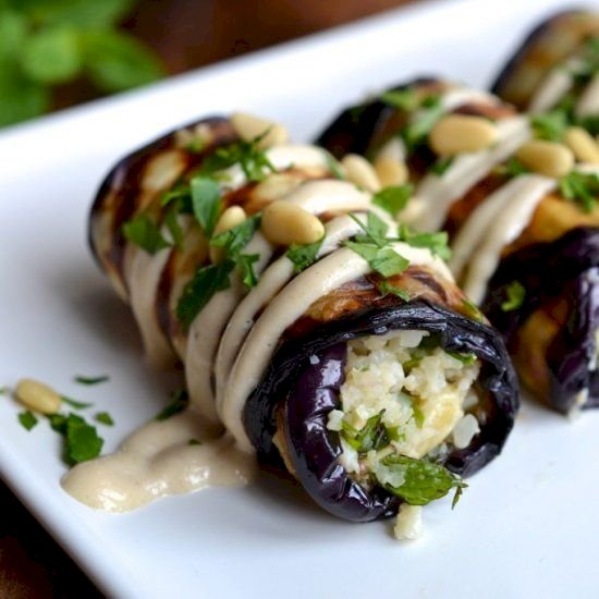 Eggplant Rolls with Couscous and Tahini Dip Recipe