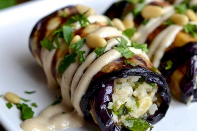 Eggplant Rolls with Couscous and Tahini Dip Recipe